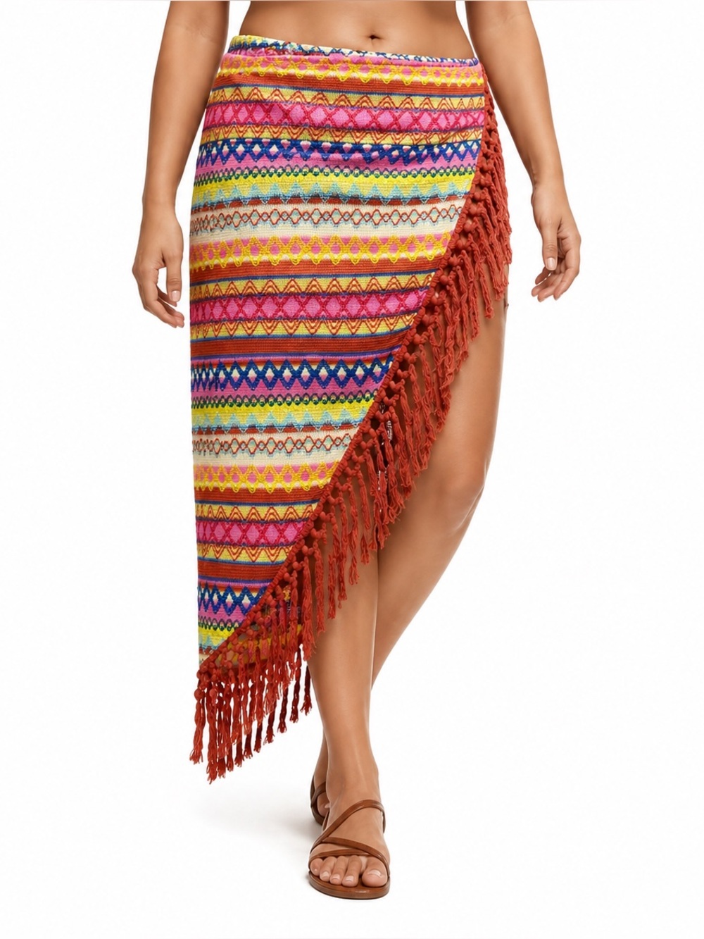 SHEIN CURVE Multicolor Knit Fringe Sarong Cover Up Skirt 0XL (US 12)